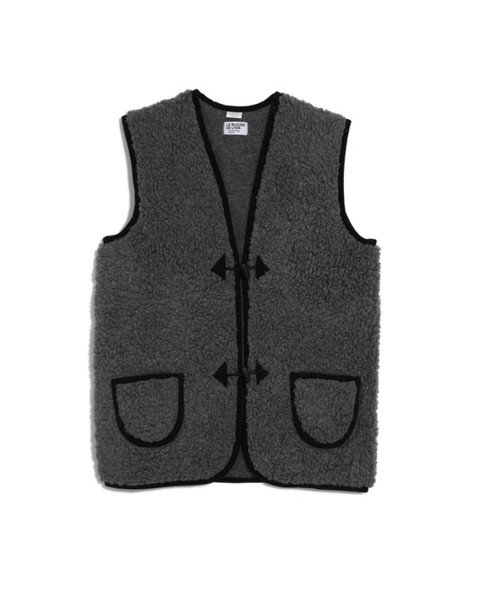 Adult gray sheepskin vest with black braid