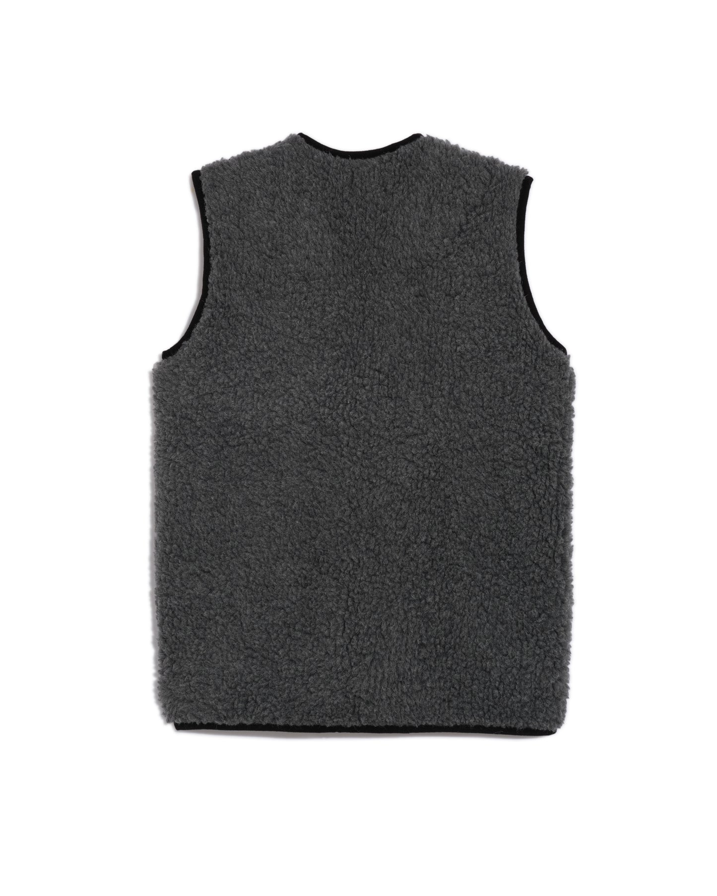 Adult gray sheepskin vest with black braid