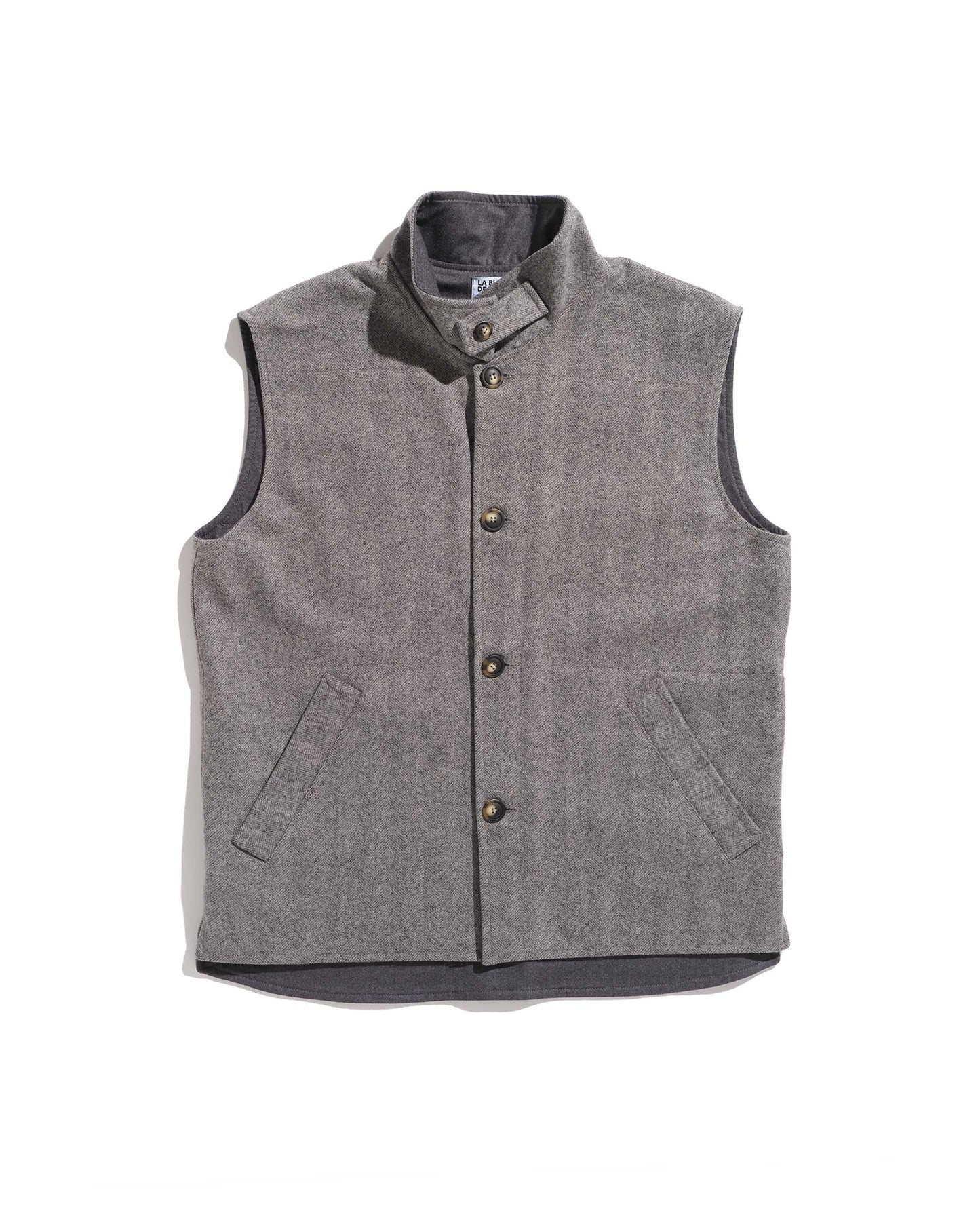 Light gray burel herringbone wool high collar cardigan